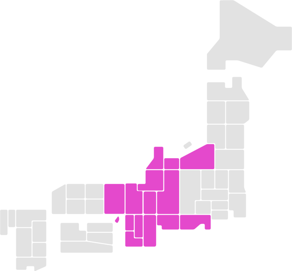 京都府、大阪府、滋賀県、奈良県、兵庫県、和歌山県、富山県、石川県、新潟県、愛知県、三重県、岐阜県、静岡県がピンクに色付けされた日本地図